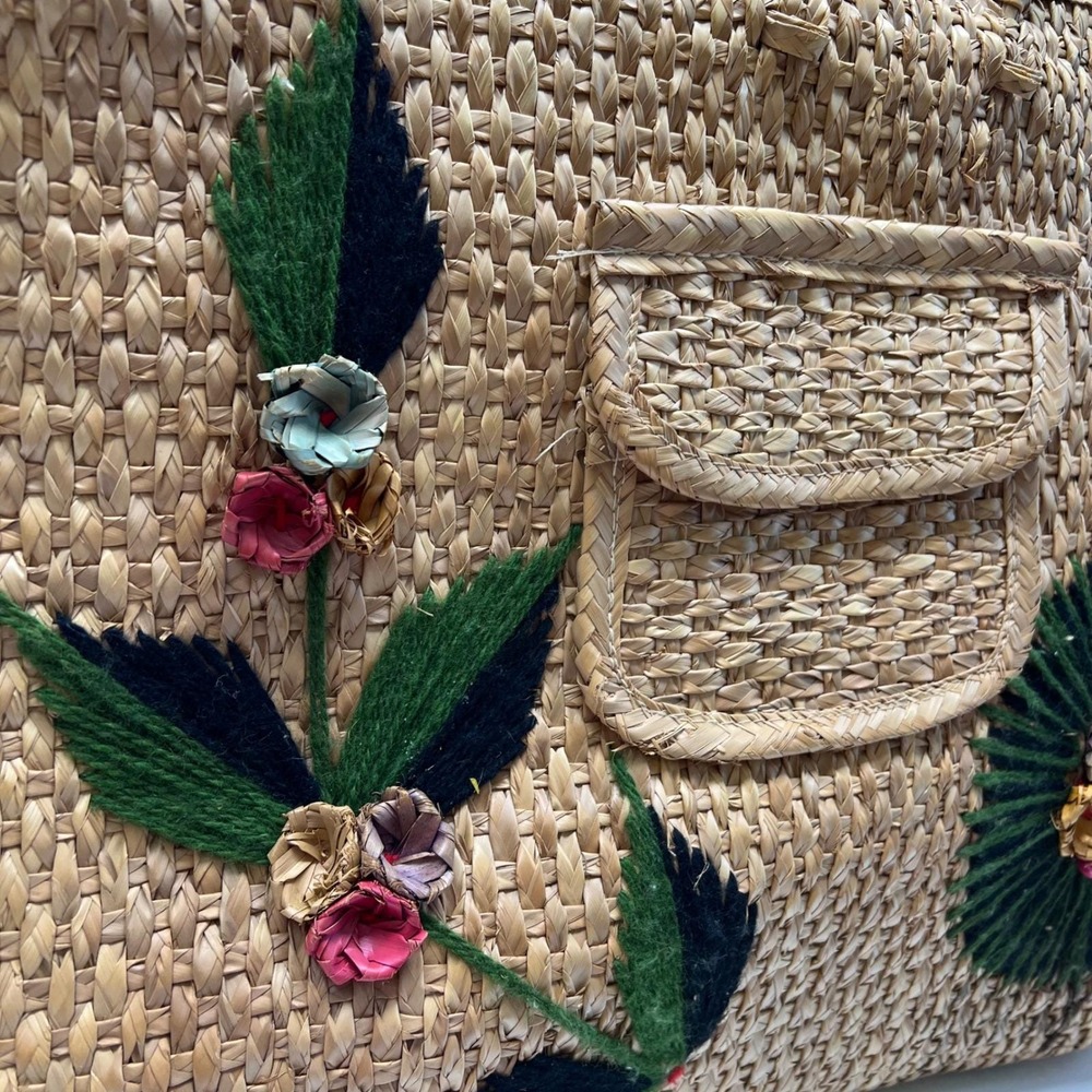 Vintage Woven Straw Tote Bag Floral 3D Raffia Embroidery Boho Beach Large Tan - Picture 9 of 16